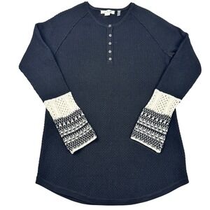 Simply Noelle Black Waffle Knit Henley Sweater with Fair‎ Isle Cuffs Size S M